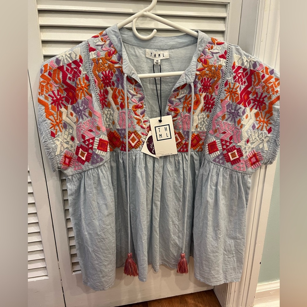 THML Embroidered Chambray Tassel Top NWT XS